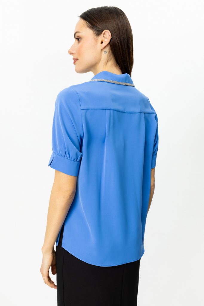 EKOL Yakası Taş Detaylı Kolsuz Bluz 3042 - MAVİ