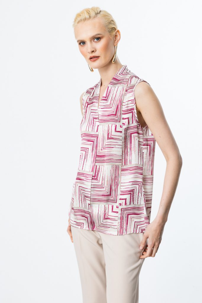 EKOL V Yaka Desenli Kolsuz Bluz 3132 - fusya