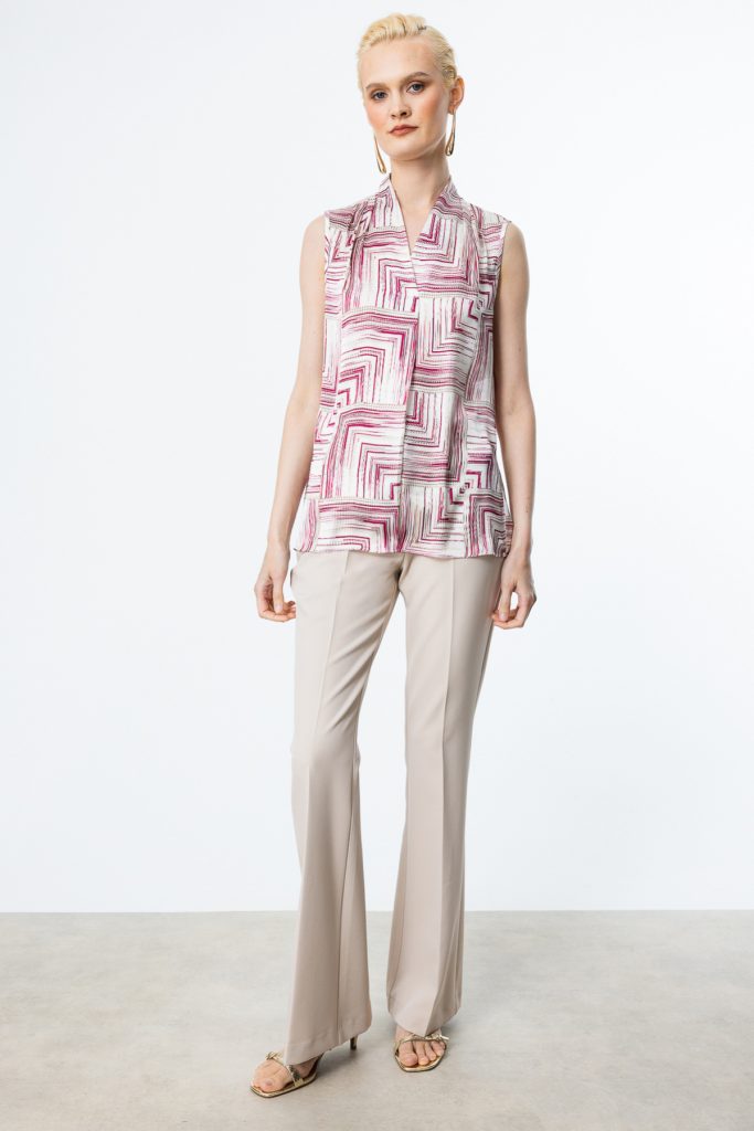 EKOL V Yaka Desenli Kolsuz Bluz 3132 - fusya