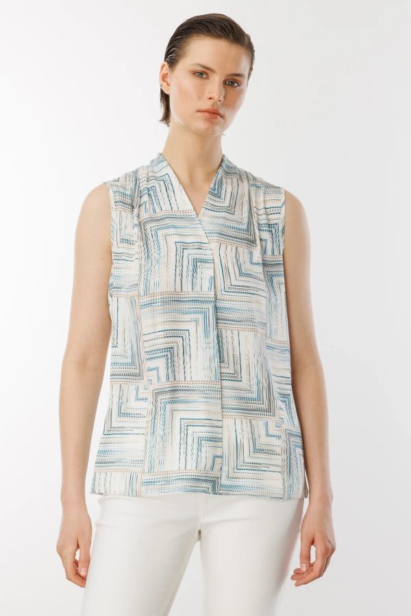 EKOL V Yaka Desenli Kolsuz Bluz 3132