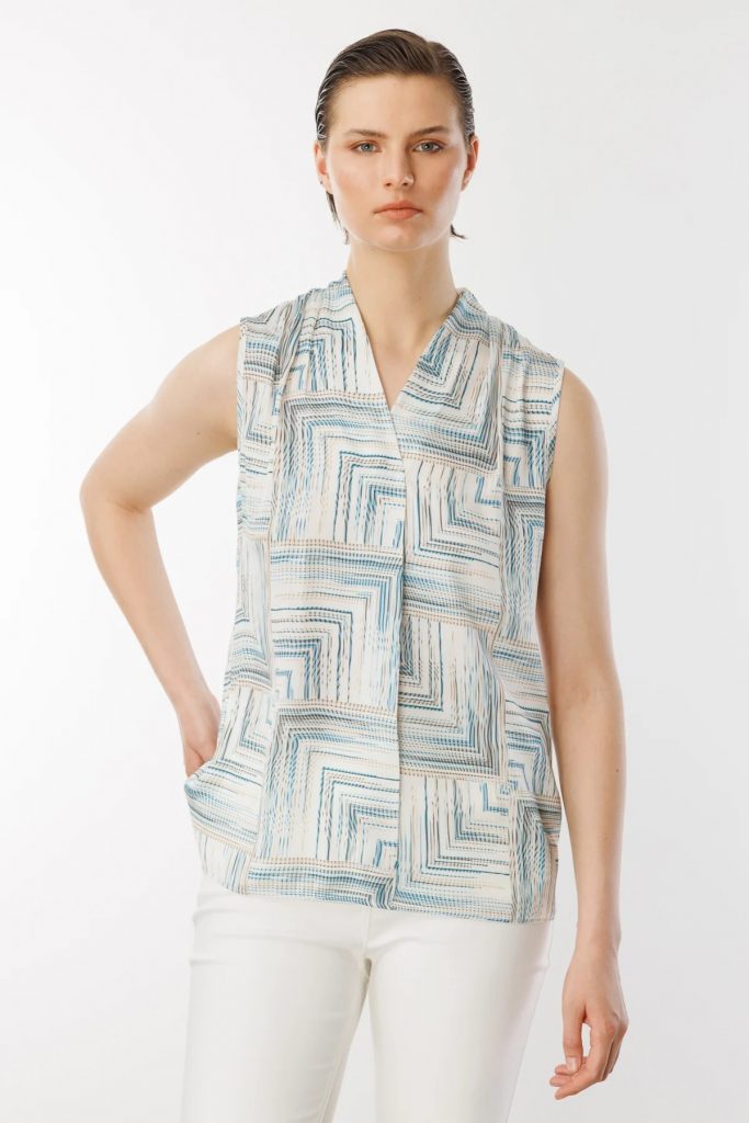 EKOL V Yaka Desenli Kolsuz Bluz 3132