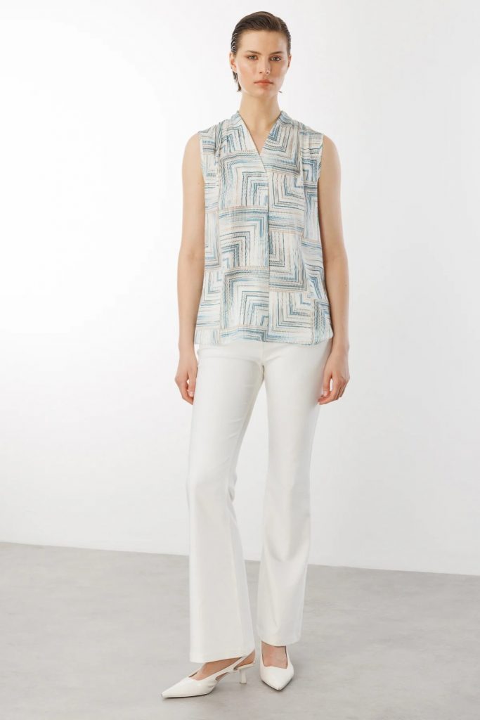 EKOL V Yaka Desenli Kolsuz Bluz 3132