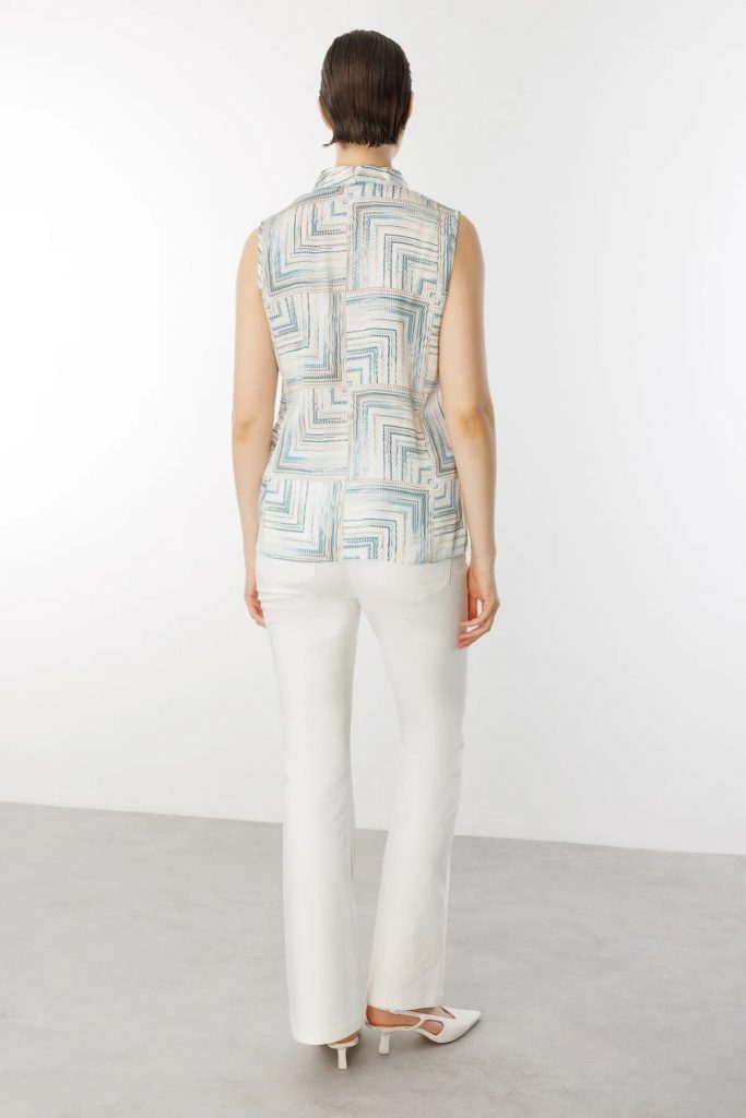 EKOL V Yaka Desenli Kolsuz Bluz 3132