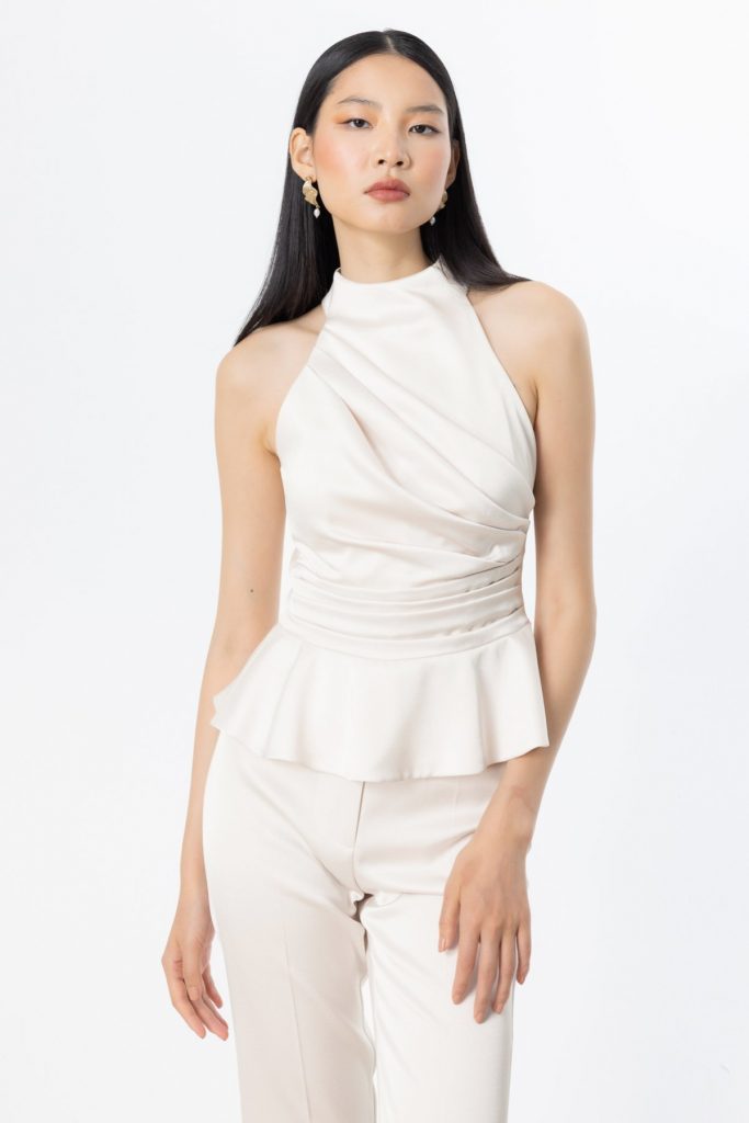 EKOL Halter Yaka Saten Bluz 3334 - BEJ