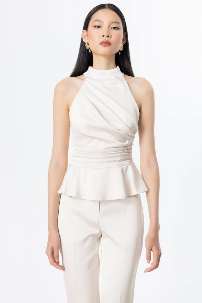 EKOL Halter Yaka Saten Bluz 3334 - BEJ