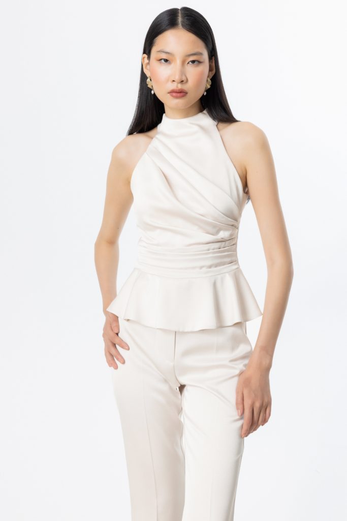 EKOL Halter Yaka Saten Bluz 3334 - BEJ