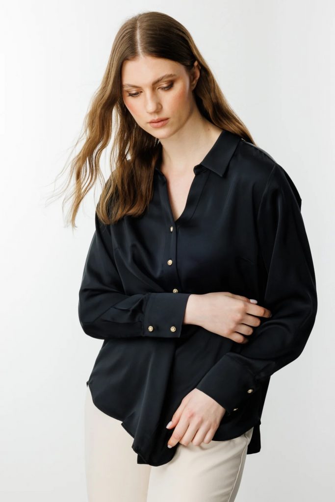 EKOL Büyük Beden Saten Gömlek 3510 B.B - Siyah