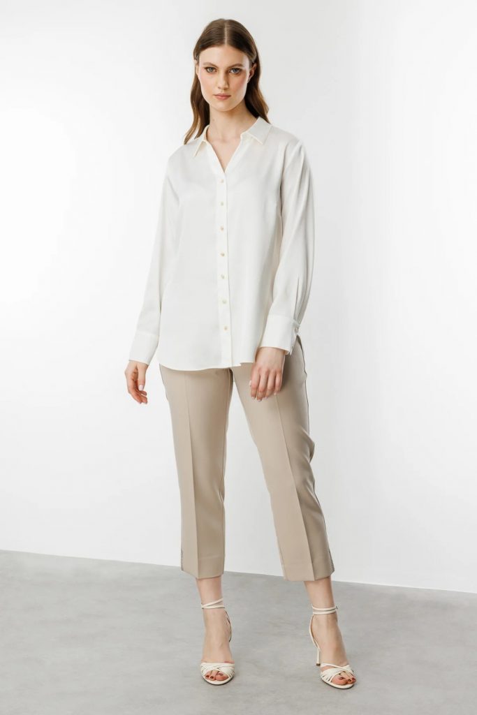 EKOL Büyük Beden Saten Gömlek 3510 B.B - EKRU