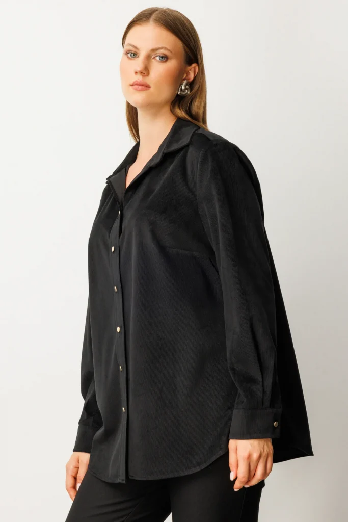EKOL İnce Fitilli Kadife Gömlek 3545 - Siyah