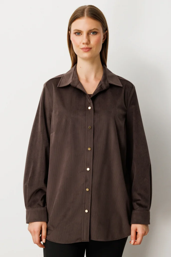 EKOL İnce Fitilli Kadife Gömlek 3545 - kahve