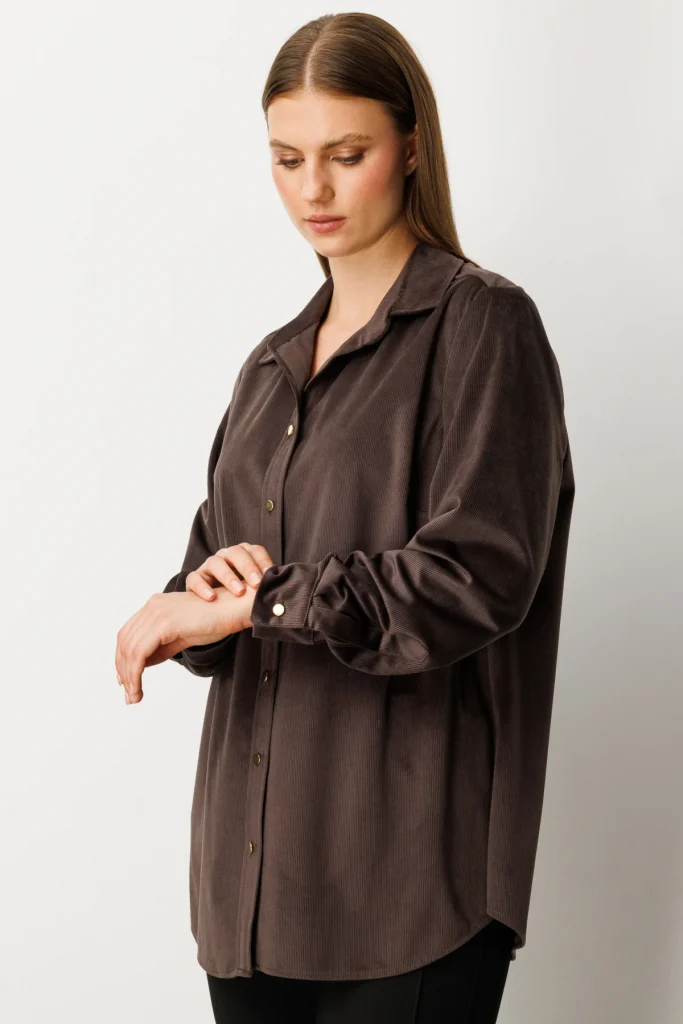 EKOL İnce Fitilli Kadife Gömlek 3545 - kahve