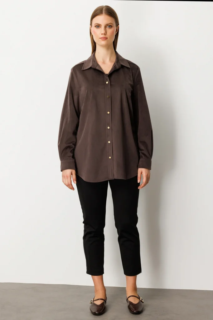 EKOL İnce Fitilli Kadife Gömlek 3545 - kahve