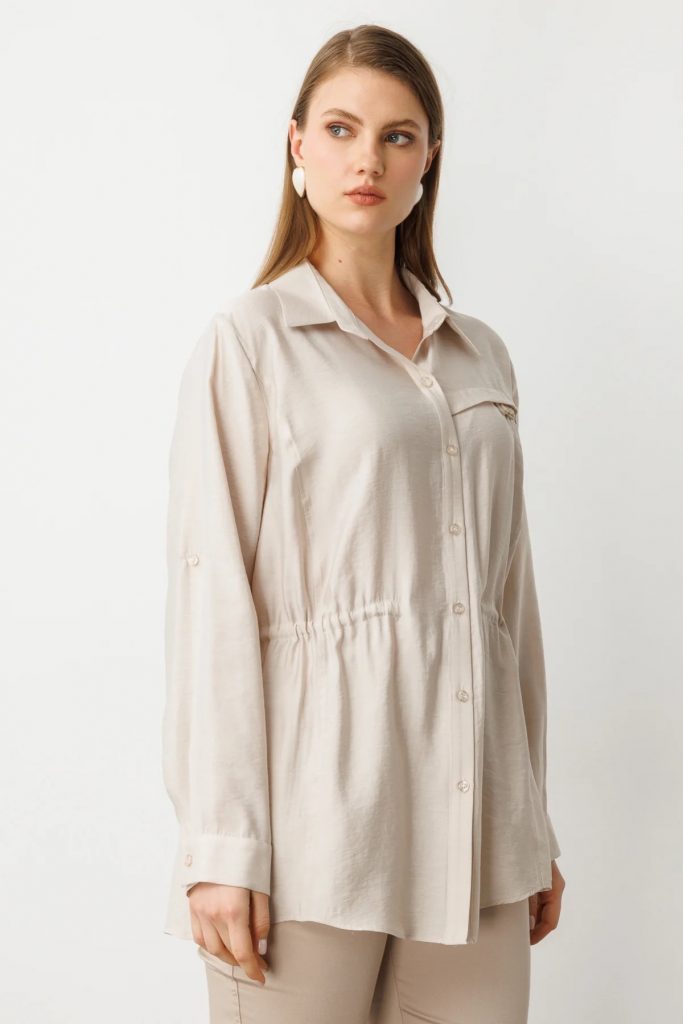 EKOL Kadın Beli Lastikli Bluz 3642 - BEJ