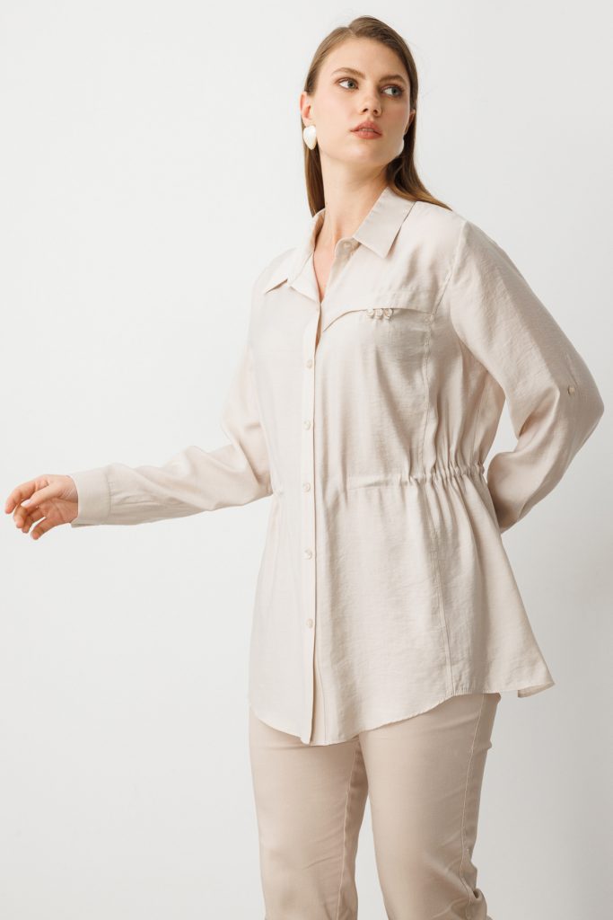 EKOL Kadın Beli Lastikli Bluz 3642 - BEJ