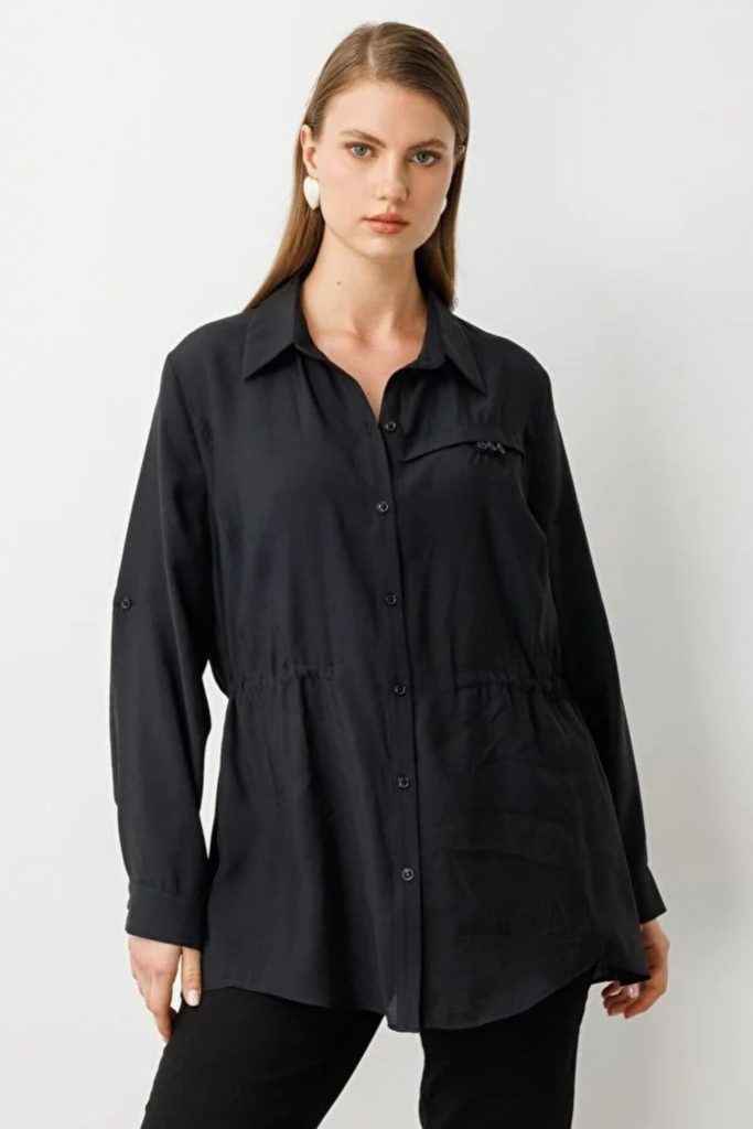 EKOL Kadın Beli Lastikli Bluz 3642 - Siyah