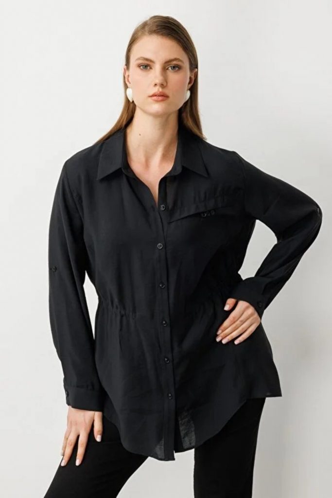 EKOL Kadın Beli Lastikli Bluz 3642 - Siyah