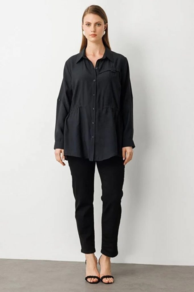 EKOL Kadın Beli Lastikli Bluz 3642 - Siyah