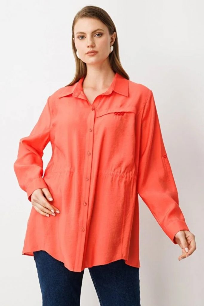 EKOL Kadın Beli Lastikli Bluz 3642 - mercan