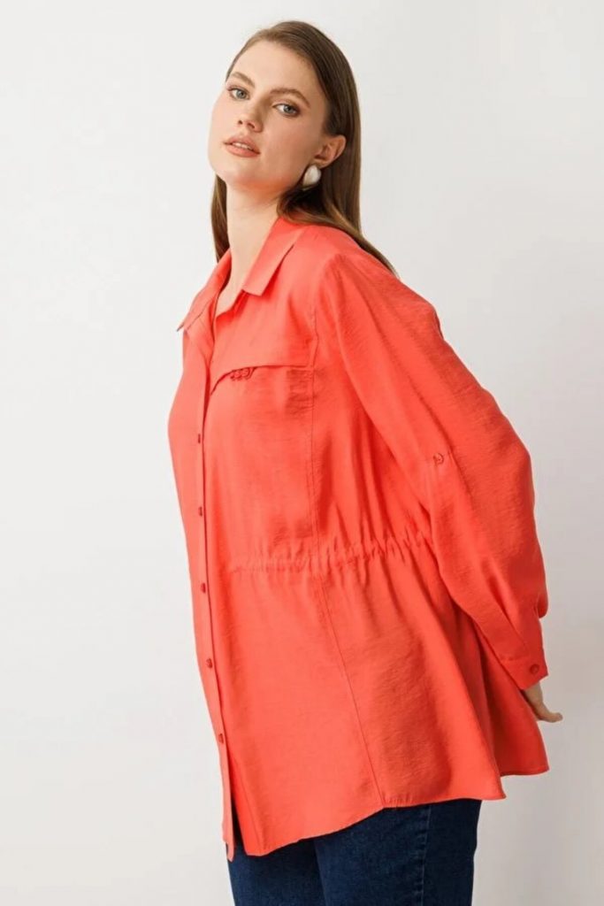 EKOL Kadın Beli Lastikli Bluz 3642 - mercan