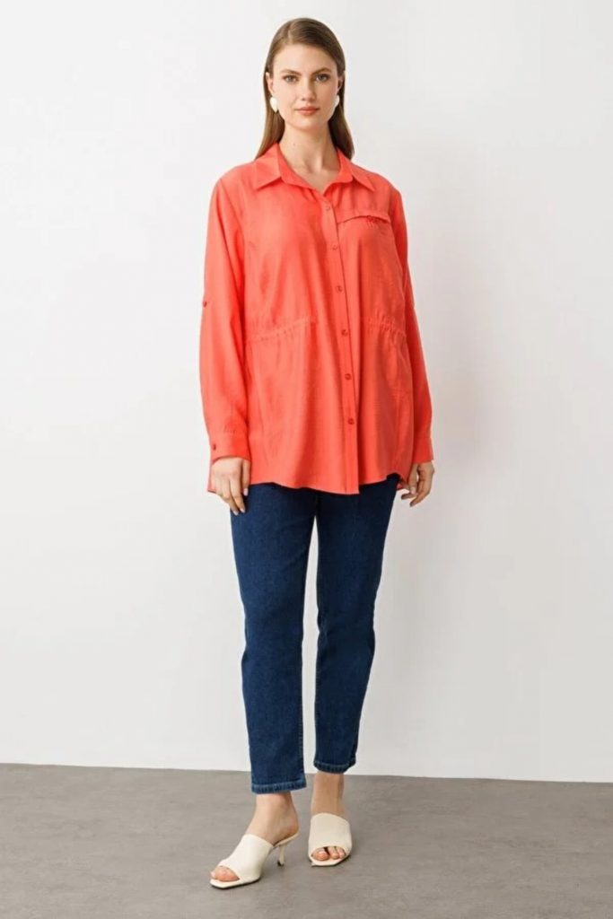 EKOL Kadın Beli Lastikli Bluz 3642 - mercan