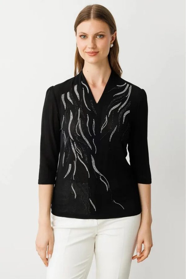EKOL Kadın V Yaka Desenli  Bluz3916 B.B