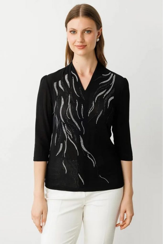 EKOL Kadın V Yaka Desenli  Bluz3916 B.B - Siyah