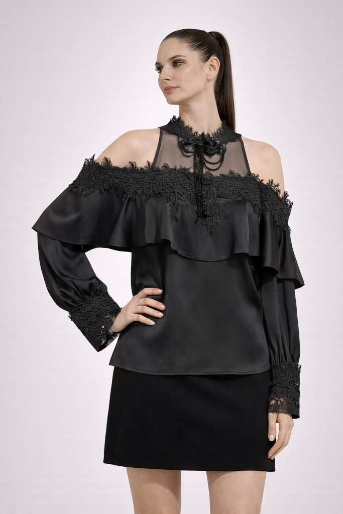 EKOL Dantel Detaylı Şık Bluz 3952 - Siyah