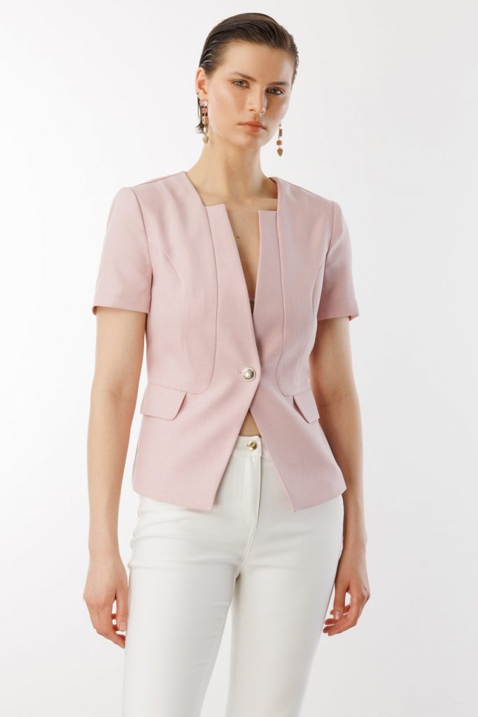 EKOL Tek Düğme Spor Dikişli Ceket 4126 - pembe