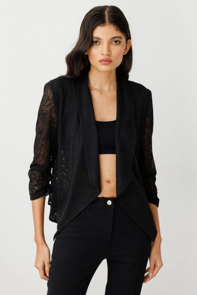 EKOL Kendinden Desenli Transparan Ceket  4182 - Siyah