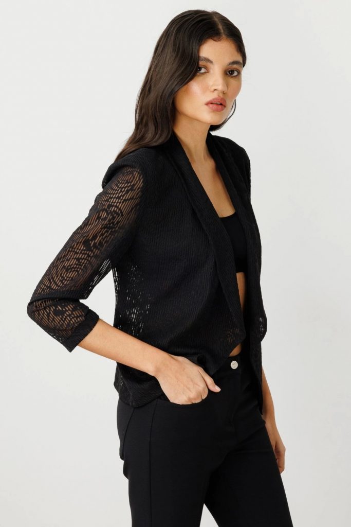 EKOL Kendinden Desenli Transparan Ceket  4182 - Siyah