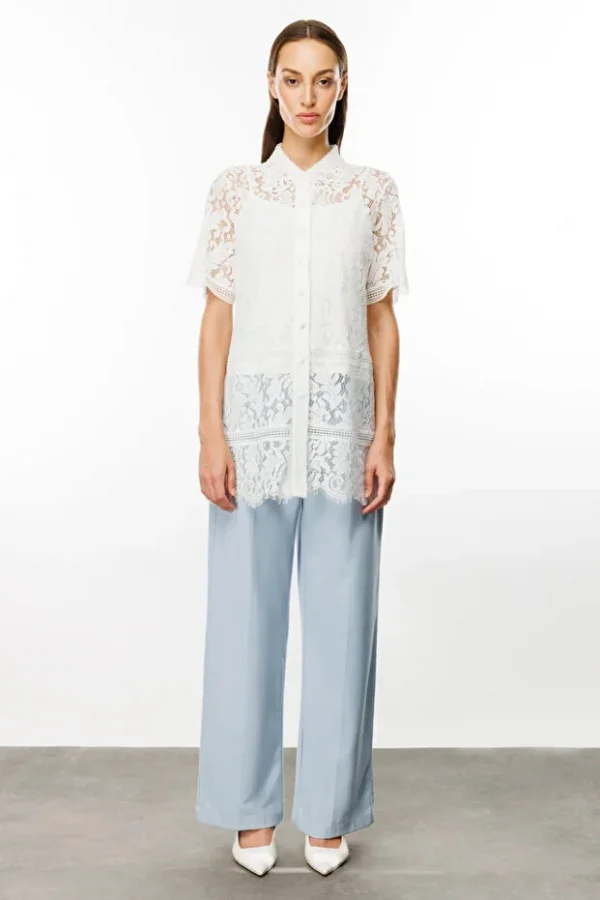 EKOL Dantel Önü Düğmeli Kısa Kol Tunik 5100