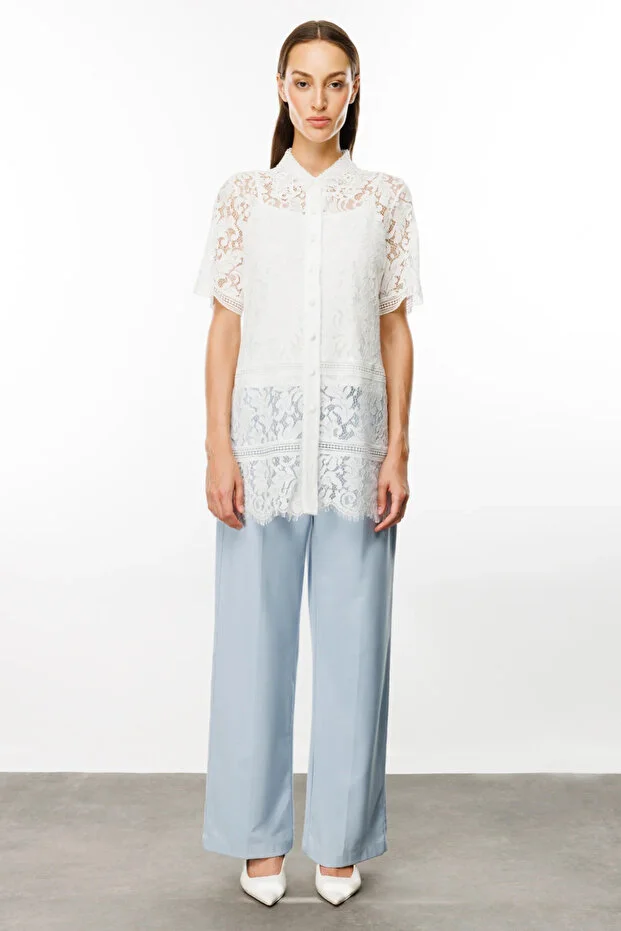 EKOL Dantel Önü Düğmeli Kısa Kol Tunik 5100 - EKRU