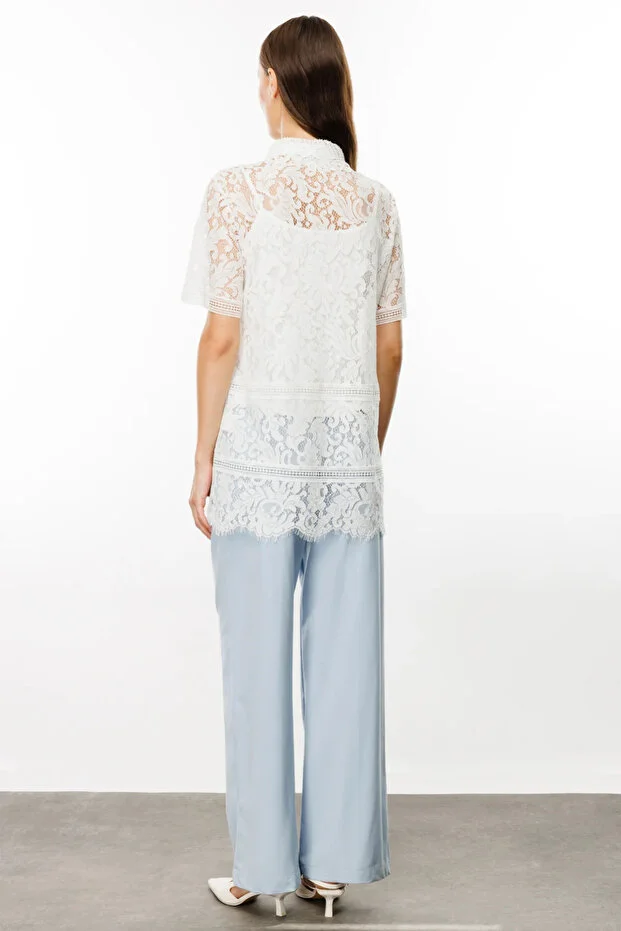 EKOL Dantel Önü Düğmeli Kısa Kol Tunik 5100 - EKRU