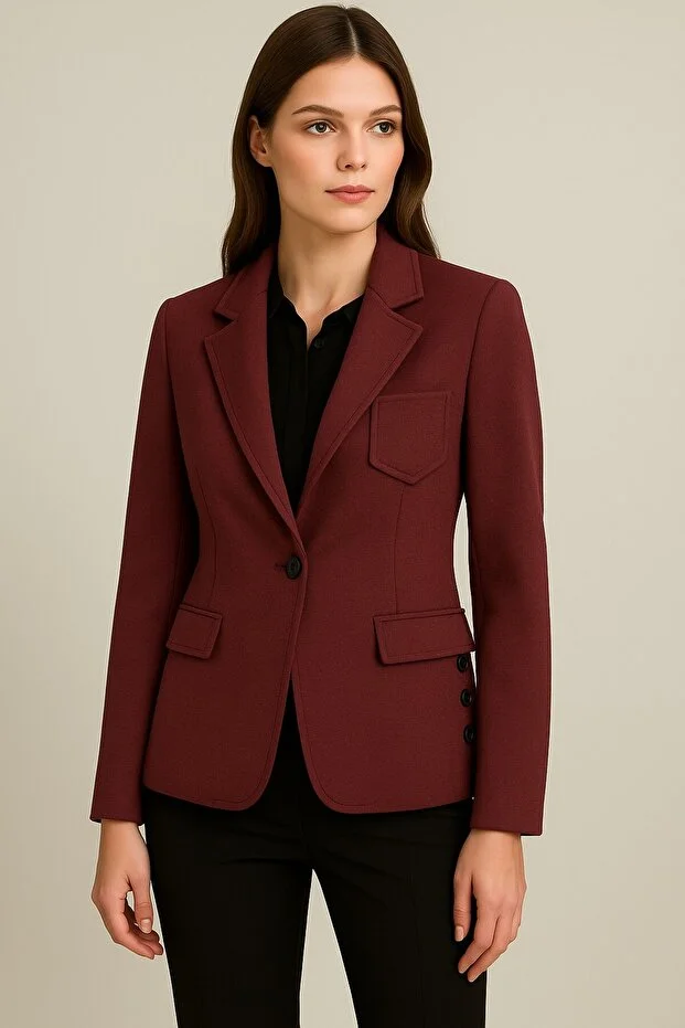 EKOL Süs Cepli Düğme Detaylı Ceket 5191 - bordo