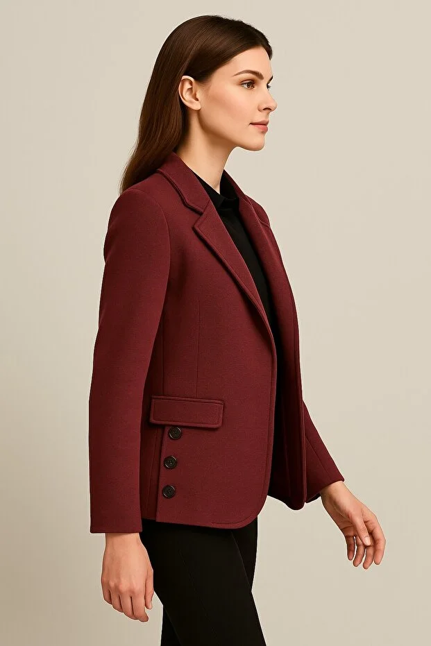 EKOL Süs Cepli Düğme Detaylı Ceket 5191 - bordo