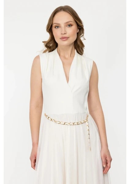 EKOL Kadın V Yaka Zincir Kemerli Elbise 4084 - EKRU