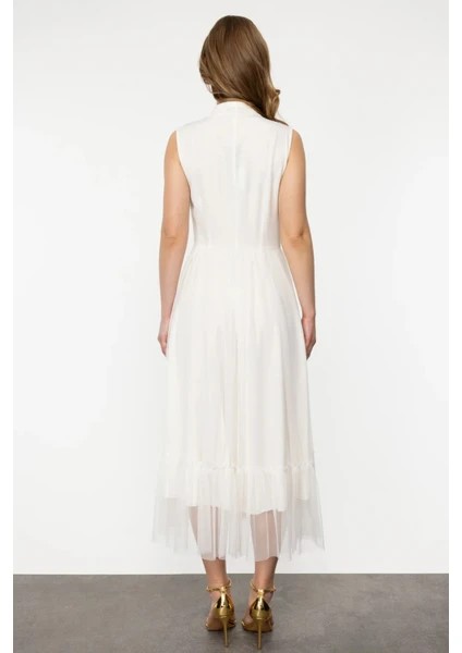 EKOL Kadın V Yaka Zincir Kemerli Elbise 4084 - EKRU