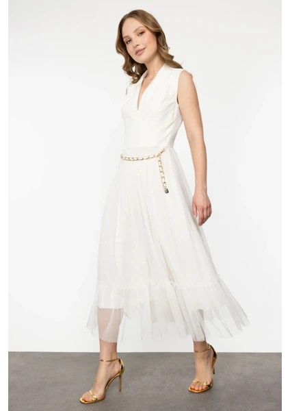 EKOL Kadın V Yaka Zincir Kemerli Elbise 4084 - EKRU
