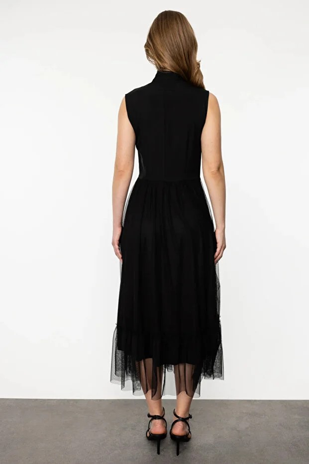 EKOL Kadın V Yaka Zincir Kemerli Elbise 4084 - Siyah