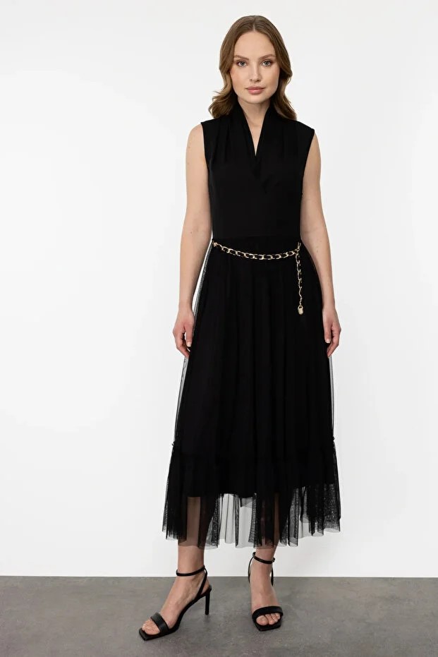 EKOL Kadın V Yaka Zincir Kemerli Elbise 4084 - Siyah