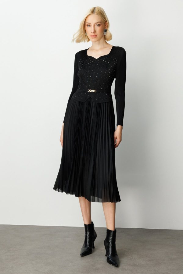 EKOL Taş Detaylı Akordiyon Kumaş Elbise 4905