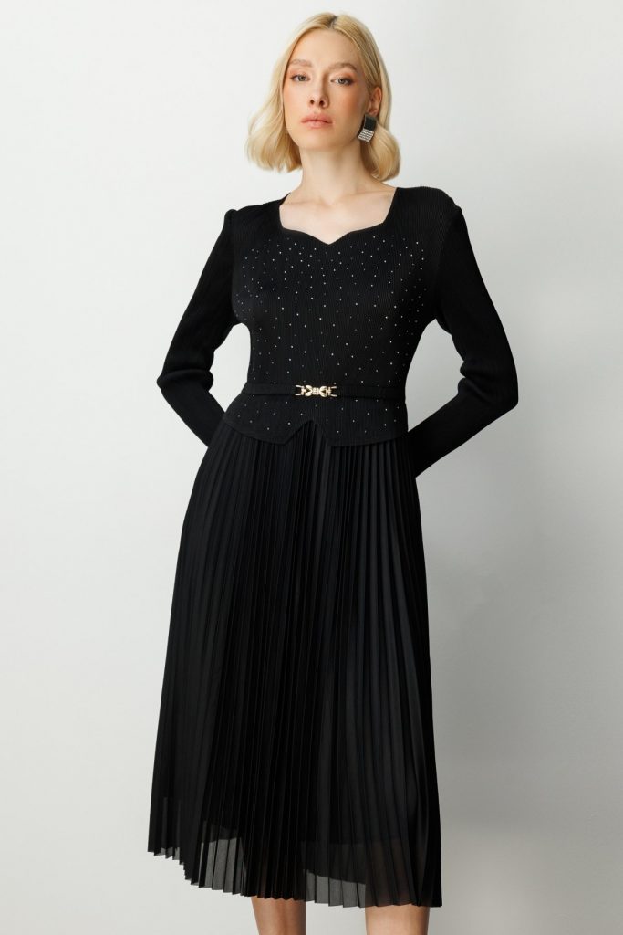 EKOL Taş Detaylı Akordiyon Kumaş Elbise 4905