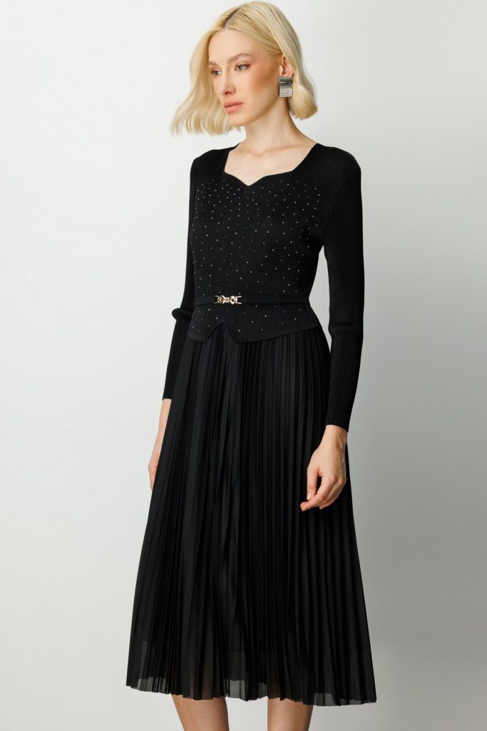 EKOL Taş Detaylı Akordiyon Kumaş Elbise 4905 - Siyah