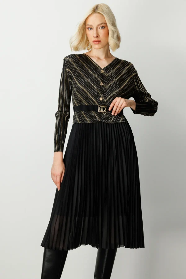 EKOL Eteği Piliseli V Yaka Elbise 4915