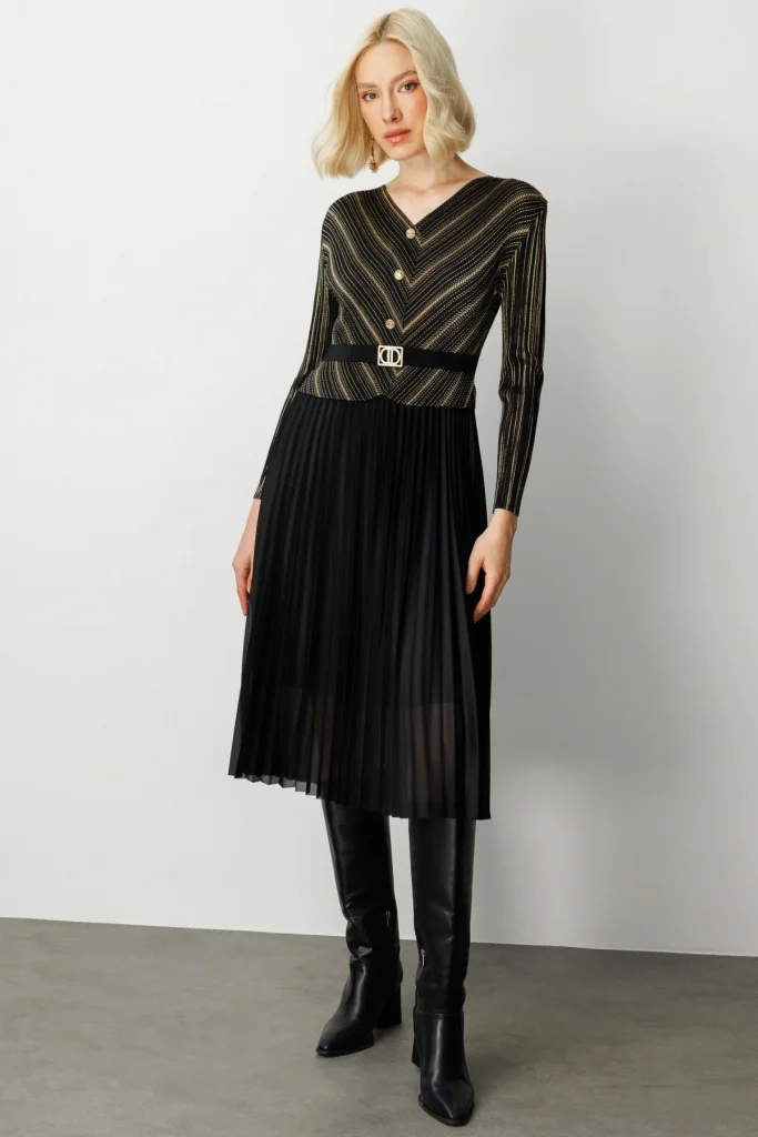 EKOL Eteği Piliseli V Yaka Elbise 4915