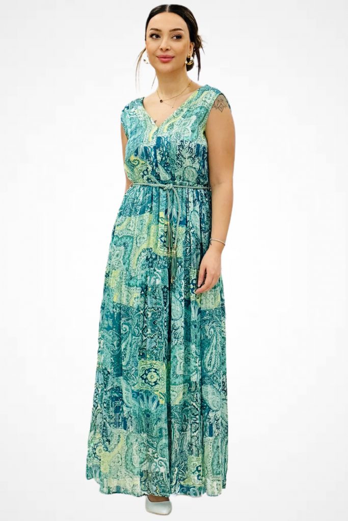 EKOL Kuşaklı Maxi Boy Elbise 5168 - turkuaz