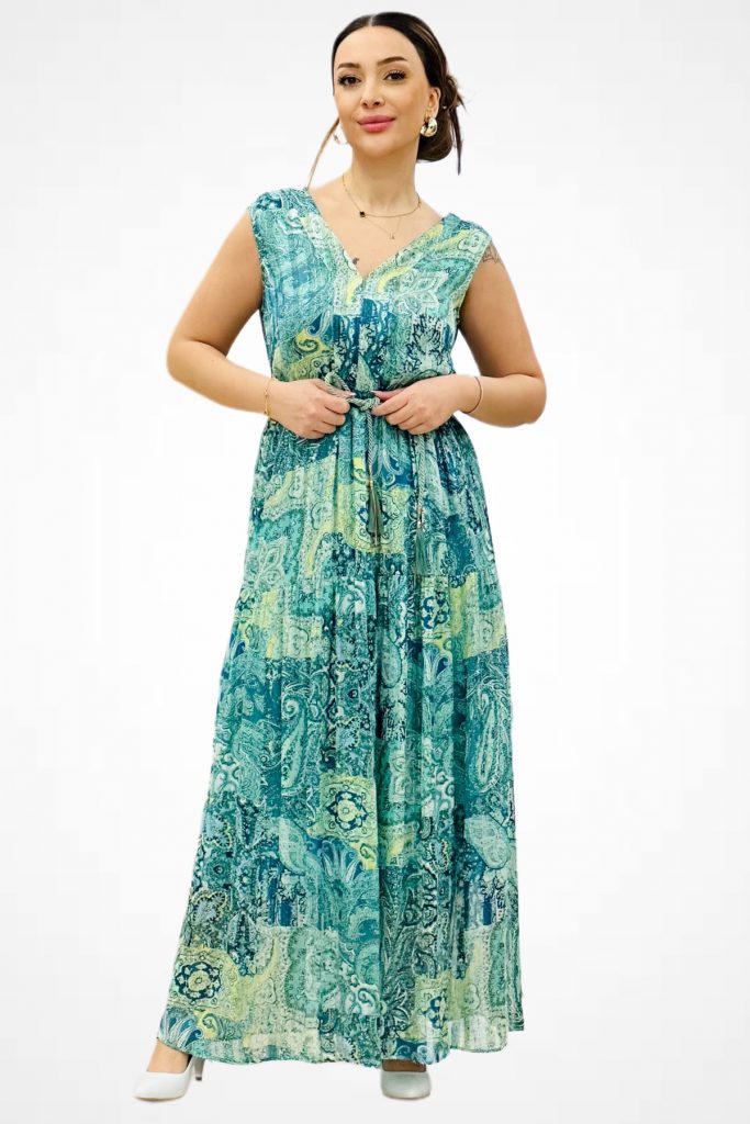 EKOL Kuşaklı Maxi Boy Elbise 5168 - turkuaz