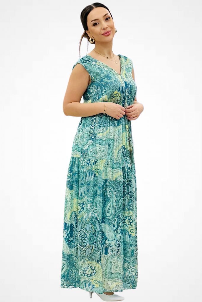 EKOL Kuşaklı Maxi Boy Elbise 5168 - turkuaz