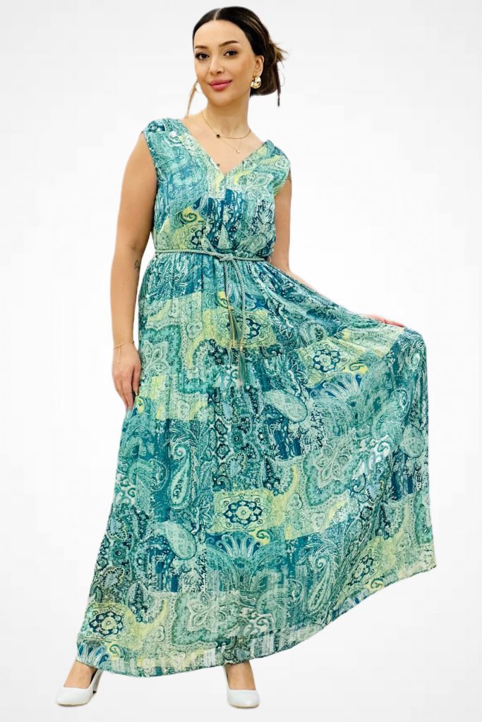 EKOL Kuşaklı Maxi Boy Elbise 5168 - turkuaz
