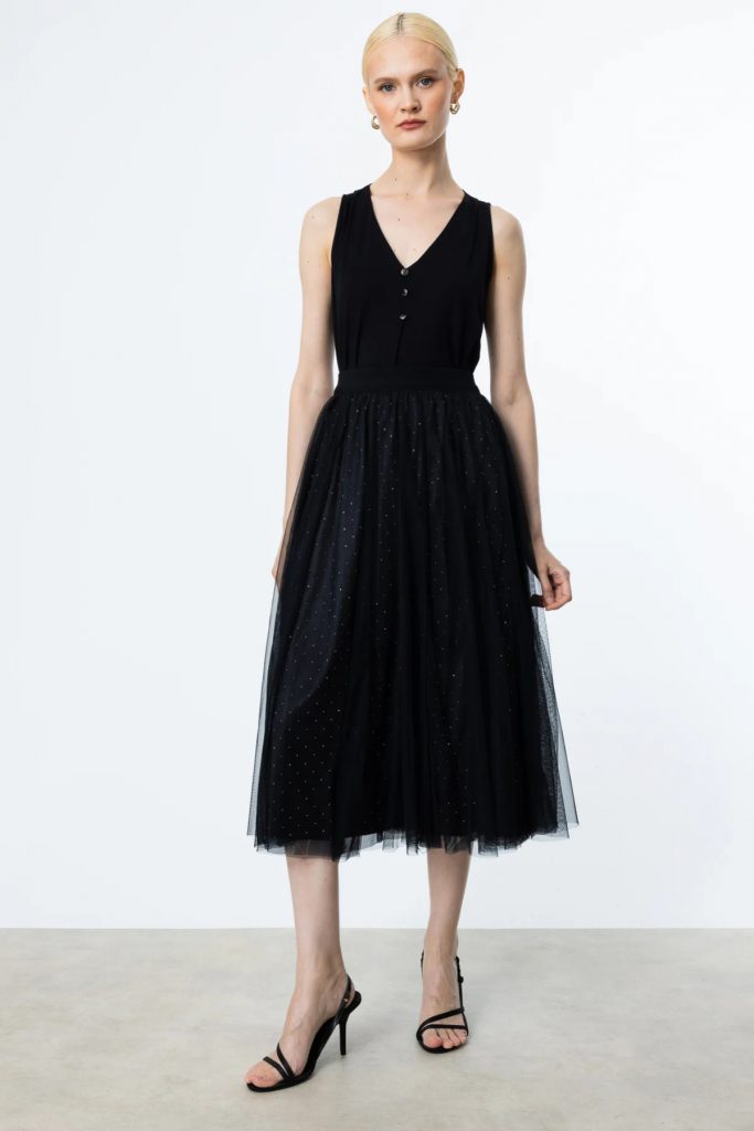 EKOL Kendinden Desenli Tül Etek 1526 - Lacivert